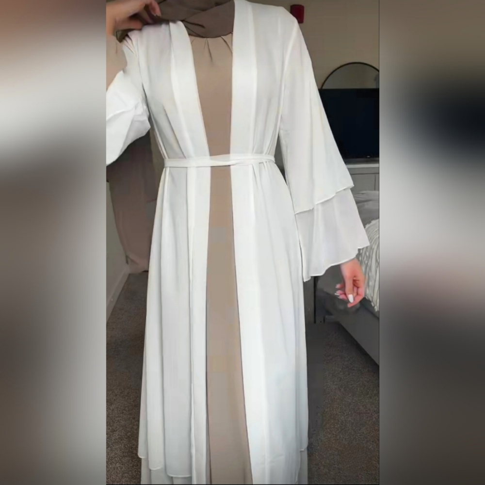 White Layered Chiffon Open Abaya with Belt